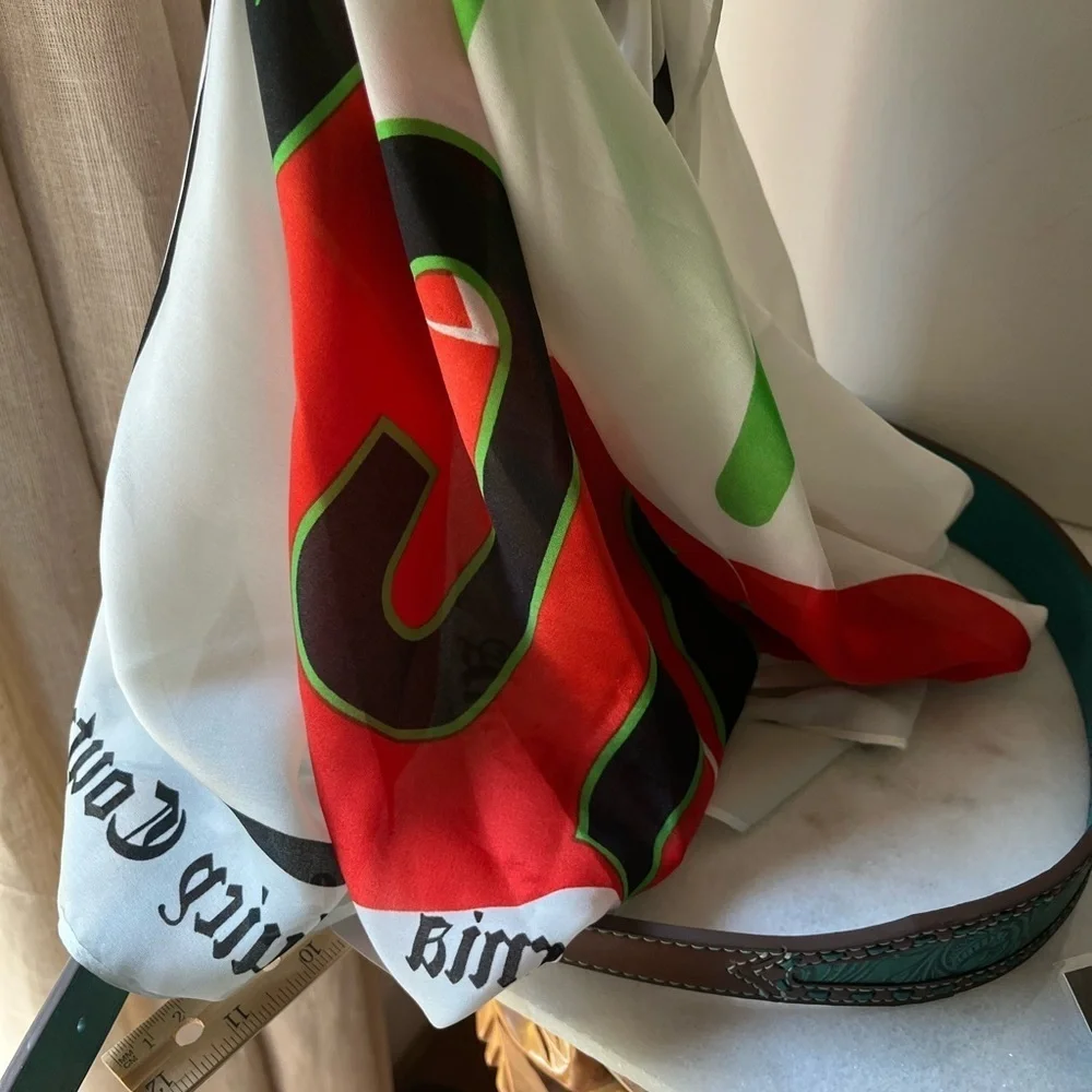 Juicy Couture Scarf Silk Red Cherry Print Logo NEW  36”